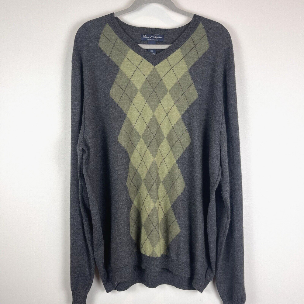 Davis & Squire Sweater Men XXL Gray green Argyle Extra Fine Merino Preppy Office